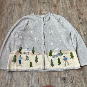 Vintage Ugly Christmas Sweater Cardigan Skiing Embroidered Knit Blue Granny XL